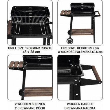 LUND GRILL WĘGLOWY Z POKRYWĄ, RUSZT 71x34,5cm 