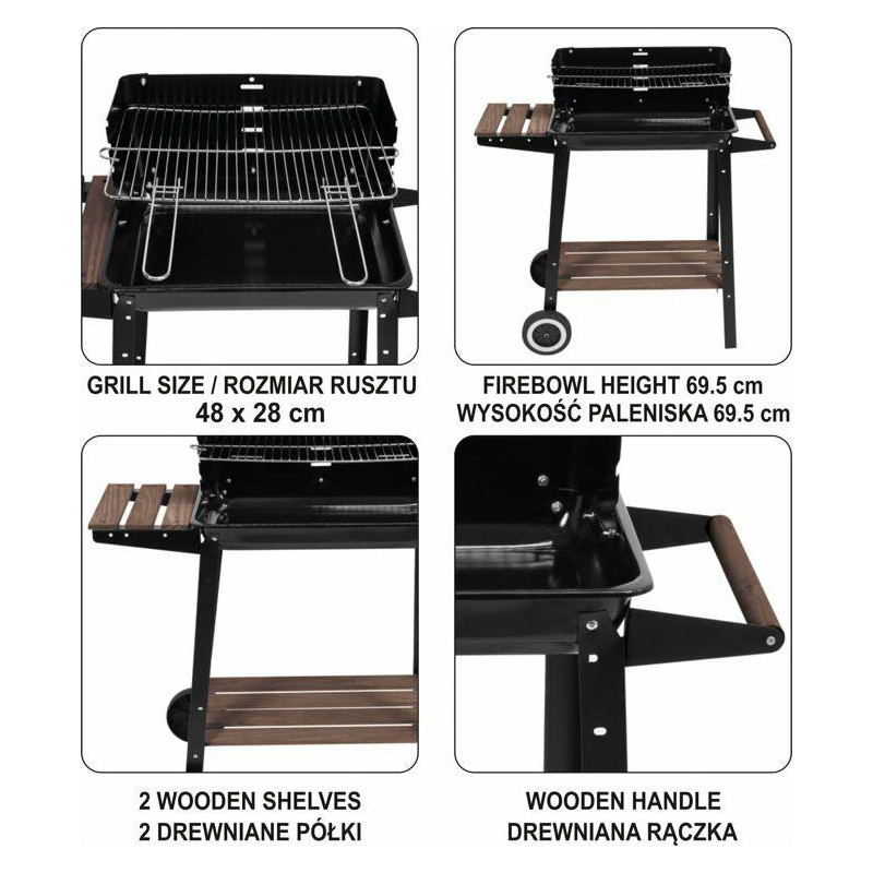 LUND GRILL WĘGLOWY Z POKRYWĄ, RUSZT 71x34,5cm 